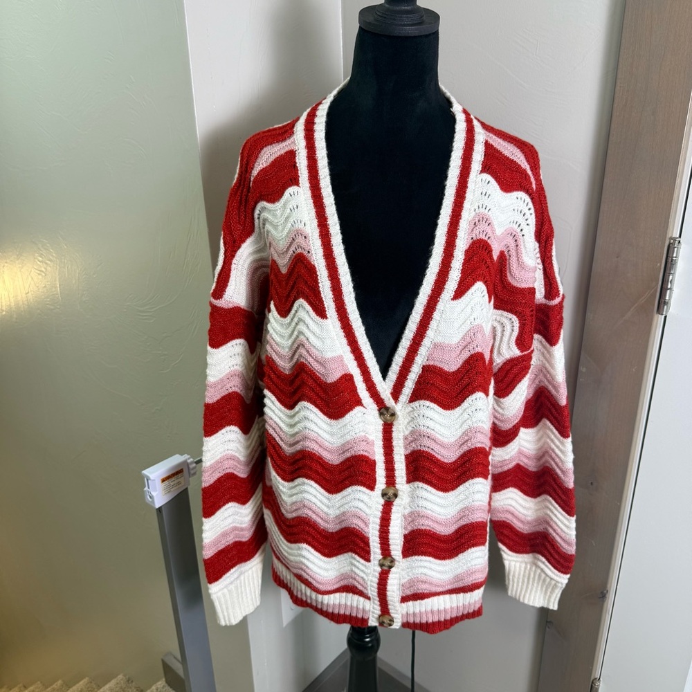 Maurice’s Red Pink and White Chevron Stripe Knit Cardigan Oversized Button Front
